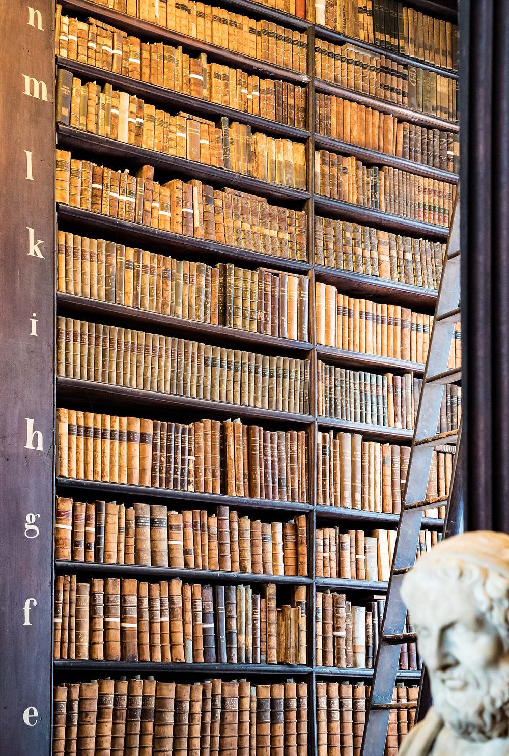 Estantes antigas repletas de livros encadernados em couro